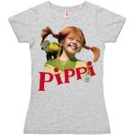 Graue Melierte Kurzärmelige Logoshirt Pippi Langstrumpf T-Shirts aus Jersey enganliegend für Damen Größe S 