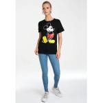 Schwarze Kurzärmelige Logoshirt Entenhausen Micky Maus Rundhals-Ausschnitt T-Shirts mit Maus-Motiv aus Baumwolle mit Kapuze für Damen Größe XS 