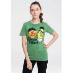 Grüne Casual Kurzärmelige Logoshirt Sesamstraße Ernie und Bert Rundhals-Ausschnitt T-Shirts aus Baumwolle für Damen Größe XS 