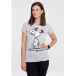 Graue Melierte Casual Kurzärmelige Logoshirt Die Peanuts Snoopy Rundhals-Ausschnitt T-Shirts aus Baumwolle Handwäsche für Damen Größe XS 