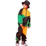 LOLANTA Kinder Hip Hop Kostüm, Teenager Color Blocking Jacken Hose Tanz Kleidungsset(Grün,8-9 Jahre,Tag 140)