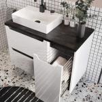 Waschtischunterschrank mit Keramik-Waschbecken und Wäschekorb SOFIA-107 Hochglanz weiß mit Beton-Dunkel, b/h/t ca. 90/72,5/46 cm - weiß