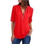 Rote Unifarbene Elegante V-Ausschnitt T-Shirts mit Reißverschluss aus Chiffon für Damen Übergrößen Große Größen für den für den Sommer 
