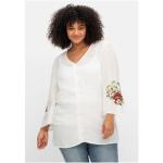 Offwhitefarbene Romantische 3/4-ärmelige Sheego V-Ausschnitt Transparente Blusen & durchsichtige Blusen mit Knopf für Damen Größe 3 XL Große Größen 