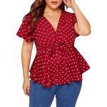 Rote Gepunktete Elegante Langärmelige Die Peanuts V-Ausschnitt T-Shirts aus Baumwolle für Damen Größe 3 XL Große Größen für den für den Sommer 