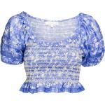 Reduzierte Blaue Blumenmuster U-Ausschnitt Festliche Blusen mit Rüschen aus Baumwolle für Damen Größe M 