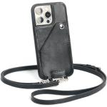 Schwarze iPhone 15 Pro Hüllen mit Riemchen aus Leder mit Band klein 