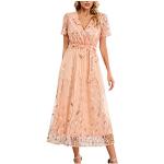 Rosa Bestickte Elegante Langärmelige V-Ausschnitt Abendkleider rückenfrei aus Chiffon für Damen Übergrößen für die Braut für den für den Sommer 