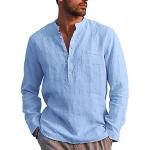 Reduzierte Himmelblaue Henleykragen Stehkragenhemden mit Knopf aus Leinen für Herren Größe L für den für den Sommer 