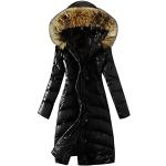 Schwarze Gesteppte Atmungsaktive Daunenmäntel mit Fellkapuze für Damen Größe L für den für den Winter 