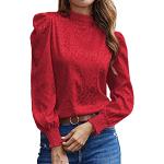 Rote Stehkragen Festliche Blusen mit Puffärmeln aus Satin für Damen Größe XL 