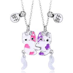 LYQNIHOB 2er Set Damen Halsketten Silber mit Freundschaftskette, BFF-Ketten für 2 Mädchen, Katzen-Anhänger, modischer Schmuck für Freundin, personalisiertes Geschenk