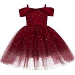 Rote Elegante Midi Schulterfreie Kindersatinkleider mit Reißverschluss aus Baumwollmischung für Mädchen 