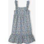 Blaue Blumenmuster Maxi Maxikleider für Kinder & lange Kinderkleider mit Volants aus Baumwolle Größe 128 für den für den Winter 