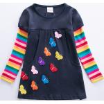 Dunkelblaue Bestickte Langärmelige Midi Kinderlangarmkleider mit Tiermotiv für Mädchen für den für den Frühling 