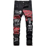 Schwarze Bestickte Punk Ripped Jeans & Zerrissene Jeans mit Reißverschluss aus Baumwolle für Herren 