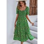 Reduzierte Grüne Blumenmuster Kurzärmelige MAGICSHE Midi Sommerkleider mit Puffärmeln aus Viskose mit Kapuze für Damen Größe L für Partys 