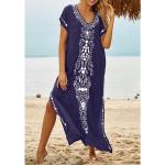 Marineblaue Blumenmuster Kurzärmelige MAGICSHE Maxi V-Ausschnitt Sommerkleider aus Polyester für Damen Größe 3 XL 
