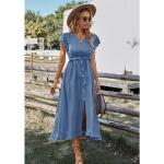 Blaue Langärmelige MAGICSHE Maxi V-Ausschnitt Sommerkleider mit Quasten aus Baumwolle für Damen Größe M 