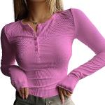Reduzierte Rosa Unifarbene Elegante Langärmelige T-Shirts mit Knopf aus Polyester für Damen Größe M für Festivals 
