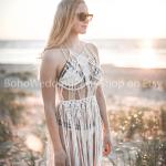 Weiße Makramee Boho Strandkleider mit Australien-Motiv aus Baumwolle für Damen Größe L für Festivals 