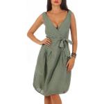 Olivgrüne Unifarbene Casual Ärmellose Malito V-Ausschnitt Wickelkleider ohne Verschluss aus Leinen für Damen Größe XXL 