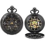 Schwarze Vintage Mechanik Savonnette aus Glas mit skelettiertem Zifferblatt mit römischen Zahlen mit Nachtleuchtfunktion mit Kunststoff-Uhrenglas für Herren 