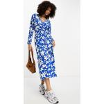 Reduzierte Blaue Blumenmuster Langärmelige Mango V-Ausschnitt Langarmkleider für Damen 