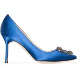 Reduzierte Blaue Elegante Manolo Blahnik Karree High Heels & Stiletto-Pumps aus Satin für Damen Größe 37 mit Absatzhöhe über 9cm 