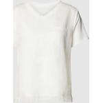 Offwhitefarbene Unifarbene Marc Cain V-Ausschnitt Shirts mit Tasche mit Fransen aus Leinen für Damen Größe M 