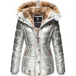 Silberne Gesteppte Marikoo Mini Jacken mit Fellkapuze mit Reißverschluss aus Polyester mit Kapuze für Damen Größe XXL für den für den Winter 