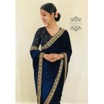 Marineblaue Bestickte Saris für Damen für Partys 