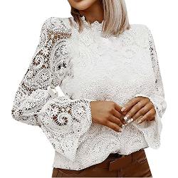 Masrin Damen Hemd Elegante, modische Patchwork-Tops mit ausgehöhlter Spitze Langärmlige Rollkragen Bluse mit Applikationen Weiße Partykleidung