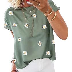 Masrin Damen T-Shirt Oberteile Lässiger Pullover mit Gänseblümchen-Print Sommer Kurzarm O-Ausschnitt Lose Tunika Bluse