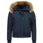 Reduzierte Blaue Mini Winterjacken mit Reißverschluss aus Pelz mit Kapuze für Damen Größe XL für den für den Winter 