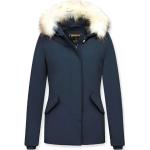 Reduzierte Blaue Gesteppte Mini Kurzjacken & Cropped-Jackets mit Reißverschluss aus Pelz mit Pelzkragen für Damen Größe S für den für den Winter 