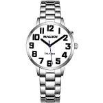 Maujoy sprechende französische Armbanduhr, Unisex, Quarz, mit ausziehbarem Armband aus Edelstahl. Diese Uhr sagt die Uhrzeit in Französisch und das Datum und verfügt über einen Alarm.