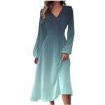 Hellblaue Unifarbene Elegante Langärmelige V-Ausschnitt Lange Abendkleider aus Jersey für Damen Übergrößen zum Abschlussball für den für den Sommer 
