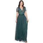 Reduzierte Emeraldfarbene Elegante Kurzärmelige V-Ausschnitt Lange Abendkleider mit Pailletten mit Reißverschluss aus Tüll für Damen Größe S 