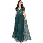 Emeraldfarbene Elegante Kurzärmelige Maxi Lange Abendkleider mit Pailletten mit Reißverschluss aus Tüll für Damen Größe XXL für Hochzeitsgäste 