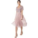 Reduzierte Pinke Sterne Romantische Mini V-Ausschnitt Standesamtkleider mit Pailletten mit Reißverschluss aus Tüll für Damen Größe XXL für Brautjungfern 