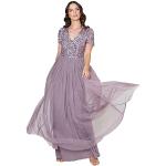 Reduzierte Auberginefarbene Elegante V-Ausschnitt Lange Abendkleider mit Pailletten mit Reißverschluss aus Tüll für Damen Größe L für Partys 