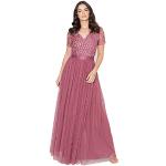 Reduzierte Pinke Elegante Kurzärmelige Maxi V-Ausschnitt Lange Abendkleider mit Reißverschluss aus Tüll für Damen Größe S Große Größen für Brautjungfern 