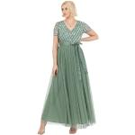 Mintgrüne Elegante Kurzärmelige Maxi V-Ausschnitt Lange Abendkleider mit Reißverschluss aus Tüll für Damen Größe S für Brautjungfern 