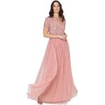 Reduzierte Pinke Kurzärmelige Maxi Lange Abendkleider mit Pailletten mit Reißverschluss aus Tüll für Damen Größe XXL für Hochzeitsgäste 