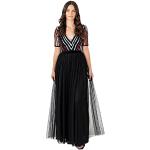 Reduzierte Schwarze Elegante Kurzärmelige Maxi V-Ausschnitt Lange Abendkleider mit Reißverschluss aus Mesh für Damen Größe XXL für Hochzeitsgäste 