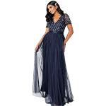 Marineblaue Elegante Kurzärmelige Maxi V-Ausschnitt Lange Abendkleider mit Reißverschluss aus Tüll für Damen Größe S für Brautjungfern 