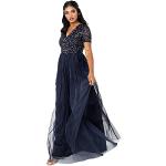 Reduzierte Marineblaue Elegante Kurzärmelige Maxi V-Ausschnitt Lange Abendkleider mit Reißverschluss aus Tüll für Damen Größe S für Brautjungfern 