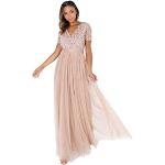 Pinke Kurzärmelige Maxi Abendkleider A-Linie für mit Reißverschluss aus Tüll für Damen Größe XXL 