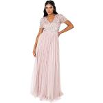 Pinke Elegante Kurzärmelige V-Ausschnitt Lange Abendkleider mit Pailletten mit Reißverschluss aus Tüll für Damen Größe XXL für Hochzeitsgäste 